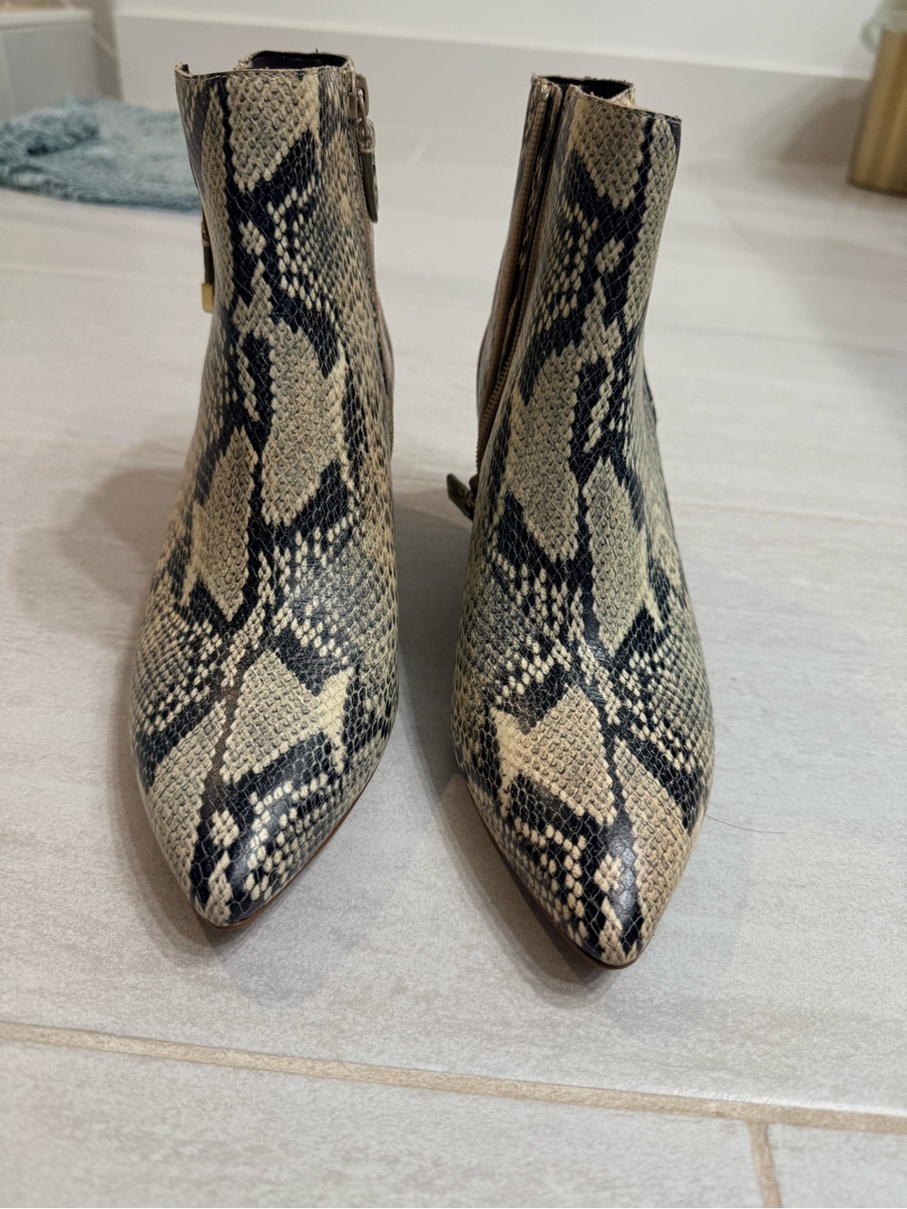 Cole Haan Snake-Print Pointed Ankle Booties in Beige and Black
